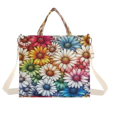 Imagem de Burbuja Sacola feminina com margaridas coloridas de veludo cotelê, bolsa tiracolo para compras, trabalho, viagem, P, B118, Medium