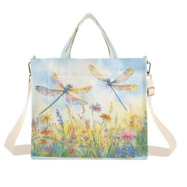 Imagem de Burbuja Sacola feminina com libélulas aquarela, bolsa tiracolo de veludo cotelê, para compras, trabalho, viagem, P, B331, Small