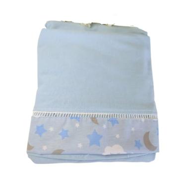 Imagem de Jogo de Lençol 2 Pçs Simples com Elástico para Berço Americano Céu Malha com Ponto Palito e Barrado Azul Bebê