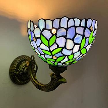 Imagem de Arandela de parede estilo Tiffany com vitral de glicínia, luminária de parede retrô com espelho frontal para quarto, cabeceira, corredor e varanda, soquete E27