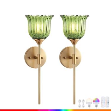 Imagem de Luminária de parede recarregável sem fio com flor de vidro, controle remoto, dimerizável, a bateria, estilo retrô, para cabeceira, sem necessidade de energia elétrica, RGB, recarregável via