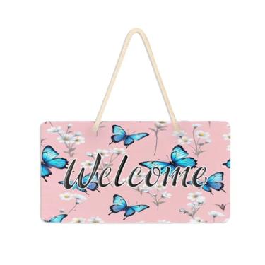 Imagem de Burbuja Placa de boas-vindas de flores brancas borboletas azuis para porta da frente, placa de boas-vindas de PVC para pendurar na parede varanda casa de fazenda, decoração de feriados, 15 x 28 cm