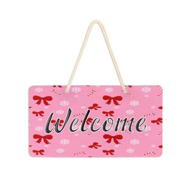 Imagem de Burbuja Placa de boas-vindas Red Bows para porta da frente, placa de boas-vindas de PVC para pendurar na parede, decoração de férias, 15 x 28 cm