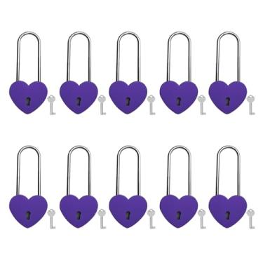 Imagem de VeYocilk Love Lock, 10 cadeados afiados de coração roxo fosco de 8,89 cm 50 mm para ponte amor, casamento, aniversário, presente de viagem (com chave)
