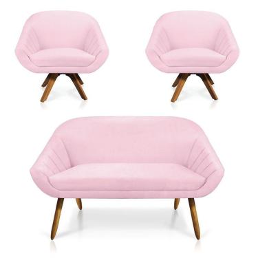 Imagem de Kit 01 Namoradeira 02 Lugares 02 Poltronas Giratória Giovana Suede Madeira Mm30 D'rossi Rosa Bebê