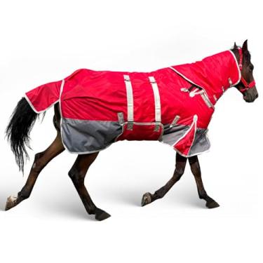 Imagem de Cobertores de cavalo para inverno 1800D impermeável peso médio (enchimento de algodão 280 g) cobertor de cavalo com cobertura de pescoço alças de perna envoltório de barriga (183 cm)