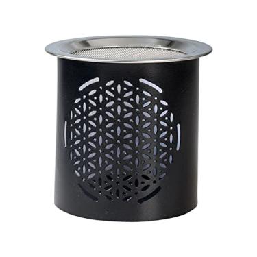 Imagem de Aquecedor de incenso de ferro preto com motivo de flor da vida - feito à mão, coador para fumar com luz de chá, 8 cm de altura - Aquecedor de aromaterapia para mediação e atmosfera espiritual