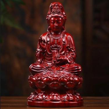 Imagem de FENNYYAR Estátua de Buda Guanyin de Lótus esculpida em sequoia feita à mão, 14 cm, ornamento de mesa para sala de estar e escritório em casa