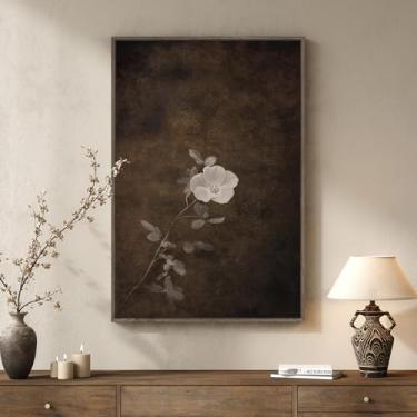 Imagem de Arte de parede floral vintage emoldurada para decoração de quarto, arte minimalista marrom Wabi Sabi em tela para paredes, pintura vertical botânica elegante para decoração de parede de sala de estar
