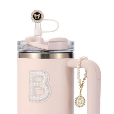 Imagem de 3 peças Stanley Cup Accessories - Capa de canudo para copo de 30 e 1,134 g, topo de palha de 10 mm, corrente de pingentes iniciais de silicone para decoração de alça e adesivo de letras - B