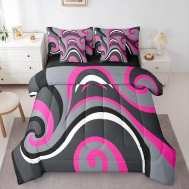 Imagem de Conjunto de cama abstrato moderno, 7 peças, rosa, cinza, preto, redemoinhos, tamanho solteiro, para crianças, adolescentes e adultos, cama geométrica em uma bolsa, estilo minimalista contemporâneo