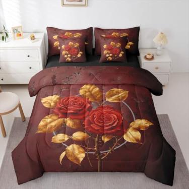 Imagem de Erosebridal Conjunto de edredom de 7 peças com flores vermelhas douradas para o Dia dos Namorados | Jogo de cama romântico para adultos, mulheres e homens