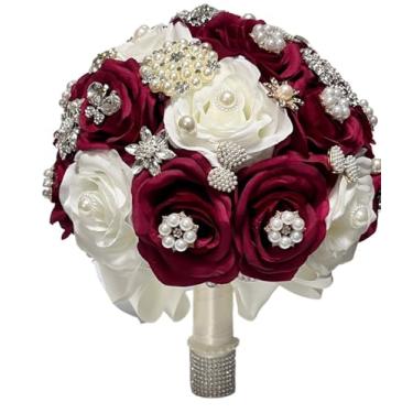 Imagem de Perfectlifeoh Buquê de noiva - Arranjo de flores de rosa de seda artificial com pérola de cristal (01)