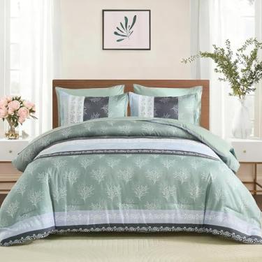 Imagem de DJY Conjunto de edredom boêmio, cama em um saco, listrada, verde sálvia, 7 peças, conjunto de cama reversível de microfibra macia para todas as estações (264 x 238 cm)