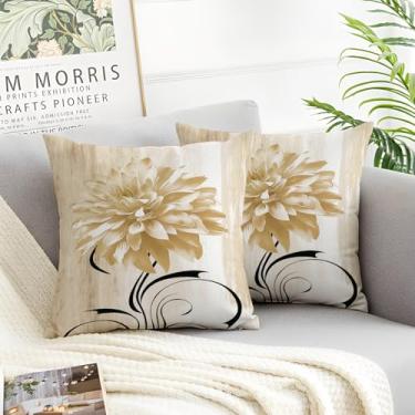 Imagem de Miuyunya Conjunto de 2 capas de almofada decorativas de veludo com estampa de flor bege 40,6 x 40,6 cm, fronhas macias e aconchegantes para decoração de arte de casa moderna para sofá, sala de estar
