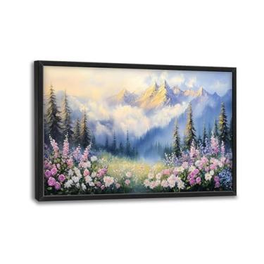Imagem de Arte de parede de montanha de floresta grande, decoração de parede em tela floral natural, pintura emoldurada de imagens de árvores de cenário, arte de paisagem para sala de estar quarto escritório 91