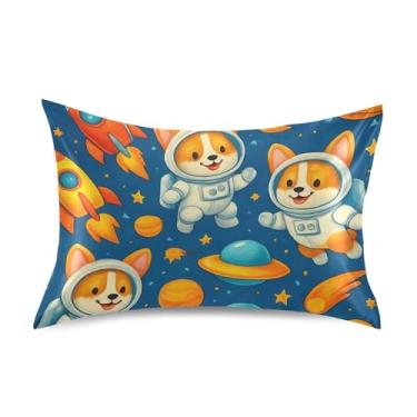 Imagem de Fronhas de cetim para resfriamento de cabelo arte fofa padrão king queen fronhas decoração de cama capa de travesseiro tamanho queen 76.2 cm x 50.8 cm bonito desenho animado corgis astronautas