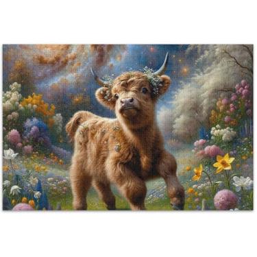 Imagem de Quebra-cabeça Highland Cow bezerro primavera floral 1000 peças para adultos quebra-cabeça engraçado exclusivo impressão de arte animal, 75 x 19,7 polegadas
