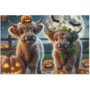 Imagem de Quebra-cabeça de Halloween Highland vaca bezerro fofo adulto 1000 peças presentes para amantes de família quebra-cabeças legais para adultos, brinquedo de arte, 75 x 40 centímetros