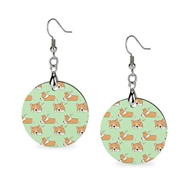 Imagem de Brincos redondos e leves de madeira verde claro para cães corgi dormindo marrom sem costura