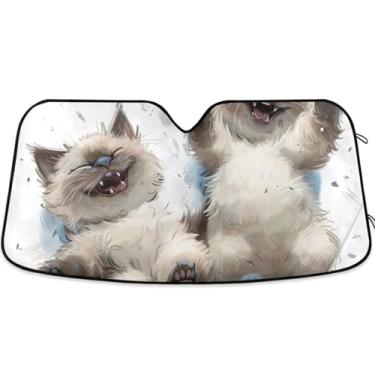 Imagem de Guarda-sol de gato siamês brincalhão personalizado para para-brisa de carro persianas dobráveis para janelas dianteiras automotivas S, 134,6 cm x 59,7 cm