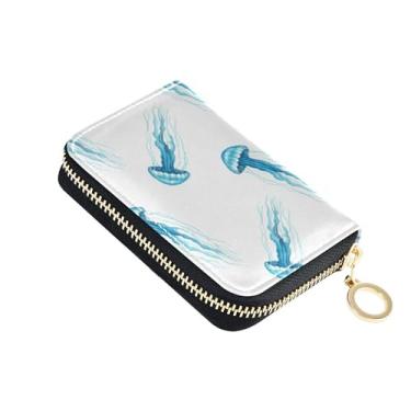 Imagem de Carteira feminina pequena para cartão de crédito, bloqueio de RFID, carteira de couro com zíper e bolso para moedas, aquarela, azul, água-viva, branca