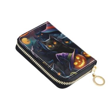 Imagem de Carteira feminina Halloween Black Cats Pumpkin com porta-cartão de crédito com bloqueio de RFID e zíper