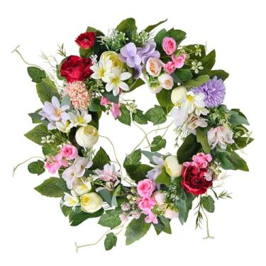 Imagem de AUNMAS Guirlanda de Primavera, Guirlanda de Flores Artificiais Com Folhas de Eucalipto, Design Floral Elegante, Plenitude 3D, Fácil Suspensão para Porta da Frente, Decoração de Varanda Ao (Coroa de