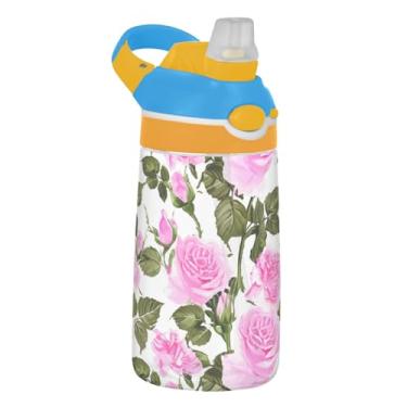 Imagem de Garrafa de água infantil de 473 ml com tampa de palha, garrafa de água esportiva portátil para escola, à prova de vazamento, copo infantil Tritan de 473 ml, alça de transporte, rosas rosas e folhas