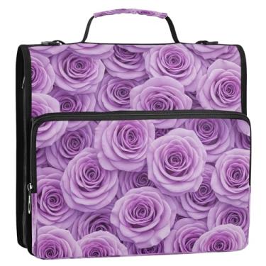 Imagem de Bolsa organizadora de fichário com zíper floral roxo vívido e elegante, com alça, 3 anéis, 3 anéis, 3 cm, anel D, comporta 500 folhas para escola, escritório, viagens