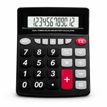 Imagem de Calculadora de Mesa Grande, 12 Dígitos, Dual Power Solar e Bateria, Preta com Botões Coloridos para Escritório e Loja