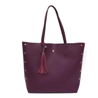 Imagem de Bolsa Tote Feminina Elegante, Couro Sintético Preto, Alça Dupla, Detalhe de Tassel e Tachas Douradas (roxo)