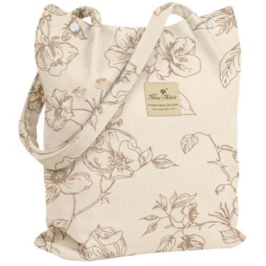Imagem de Miss Adola Bolsa feminina de veludo cotelê - Sacolas reutilizáveis com fivela magnética e bolso design estético bolsas de supermercado, Flor simples, One Size