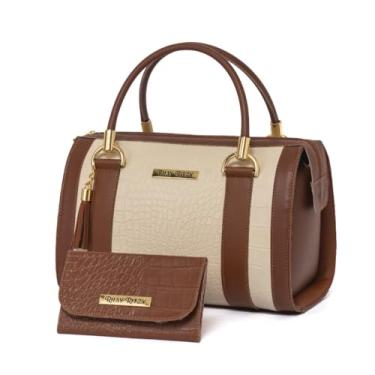 Imagem de Kit Bolsa Baú com Carteira Feminina Bicolor de Mão e Alça para ombro Transversal (Off-white com Caramelo)