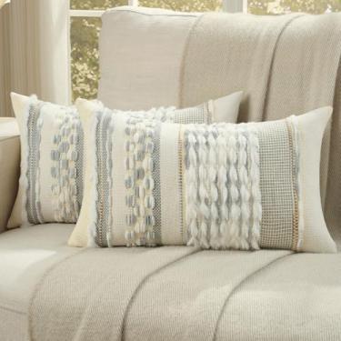 Imagem de FUTEI Conjunto de 2 capas de almofada com detalhes em branco, cinza, azul, 30,5 x 50,8 cm de pelúcia, listradas, texturizadas, para decoração de sofá boho de fazenda