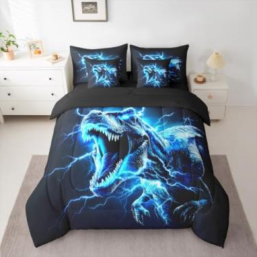 Imagem de Feelyou Jogo de cama Queen com estampa de dinossauro, 7 peças, estampa de dinossauro 3D, lençol com lençóis, fronhas e capa de almofada, para meninos, meninas, dinossauros, selvagens, animais