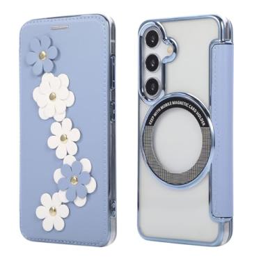 Imagem de Capa carteira para Samsung Galaxy S24, 3 compartimentos para cartão e anel magnético, bloqueio RFID, compatível com carregamento sem fio, traseira transparente, design floral de couro, proteção contra