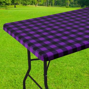 Imagem de Smiry Toalha de mesa retangular de piquenique, toalhas de mesa elásticas à prova d'água, capas de mesa xadrez de búfalo com forro de flanela para jantar, acampamento, ao ar livre (preto e roxo, 76 cm