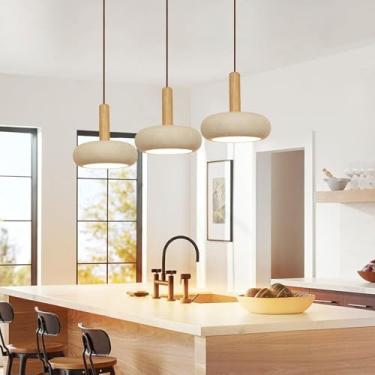 Imagem de Lustre de travertino amarelo natural, luminária pendente de madeira, estilo wabi sabi, decoração japonesa, ideal para sala de jantar, cabeceira, ilha de cozinha, mini luminária suspensa para