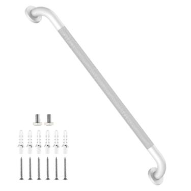 Imagem de Barra de apoio para chuveiro de 81 cm, barra branca iHansee para banheiro com aderência serrilhada antiderrapante – 3,2 cm de diâmetro, barras de segurança de banho de aço inoxidável para idosos