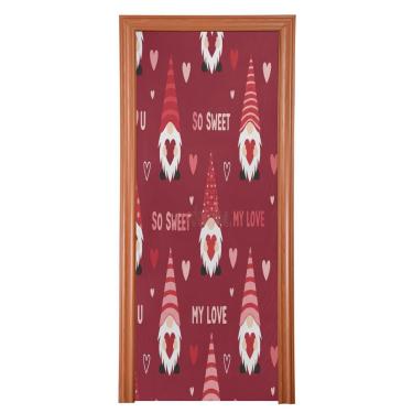 Imagem de ATTX Capa de porta da frente padrão de gnomos dos namorados - decoração de férias de tecido elástico lavável para festas, casa, decoração de porta da frente, 962 x 98 polegadas (962)