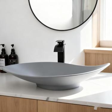Imagem de MEKKHALA Pia de vaso de banheiro oval cinza com ralo pop-up tigela de resina de 66 x 33 cm acima do balcão tigelas em forma de folha pias de banheiro