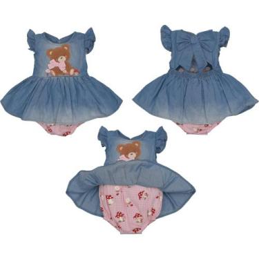 Imagem de Macaquinho Jeans Azul Bebê Menina Bordado Ursinha Upi Uli, P