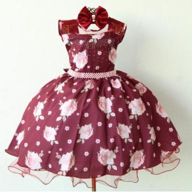 Imagem de Vestido De Festa Infantil Floral Marsala Luxo E Tiara - Pingo De Gente