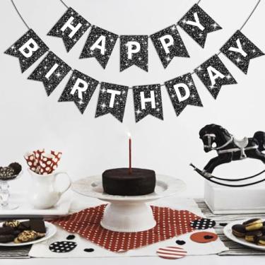 Imagem de Faixa preta de feliz aniversário com glitter para pano de fundo decoração de aniversário preta para homens mulheres suprimentos de festa faixa de porta de parede guirlanda bandeira bandeira