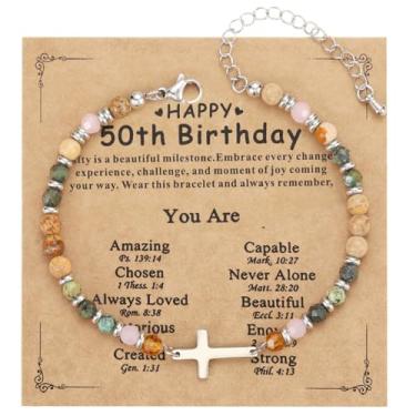 Imagem de Emibele Pulseira de cruz religiosa para mulheres, pulseiras de contas de cruz cristã com pedra natural, joias religiosas de fé cristã, presentes de aniversário de 50 a 60 anos para ela, presente de