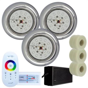 Imagem de Kit 3 Refletores Led 18w RGB Inox e Adaptadores Cano 50mm e Comando pa