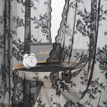 Imagem de Cortinas de renda SEEKRIGHT pretas 160x160cm para sala de estar com 2 
