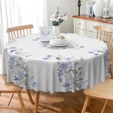 Imagem de TTQYFNM Toalha de mesa redonda floral rústica, 177 cm, aquarela, flores azuis, folhas cinzas, toalha de mesa de tecido impermeável resistente a manchas para cozinha, sala de jantar, pátio, café