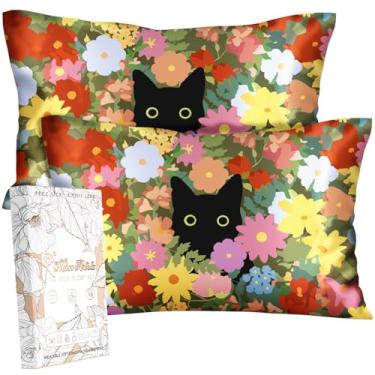 Imagem de Miss Adola Pacote com 2 fronhas de seda - Queen Size 50,8 x 76,2 cm Amoreira Sedosa Fronha para Cabelo e Pele Macia Linda Estética Cama Fronha de Dormir com Zíper para Mulheres, Flores de Gato